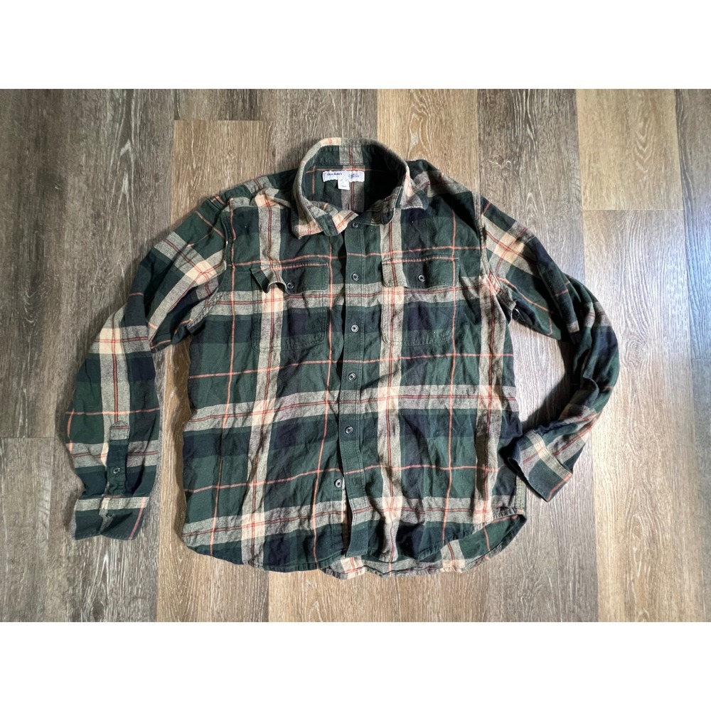 Old Navy Flannel Shirt Mens‎ Large Green Plaid Regular Fit Button Up